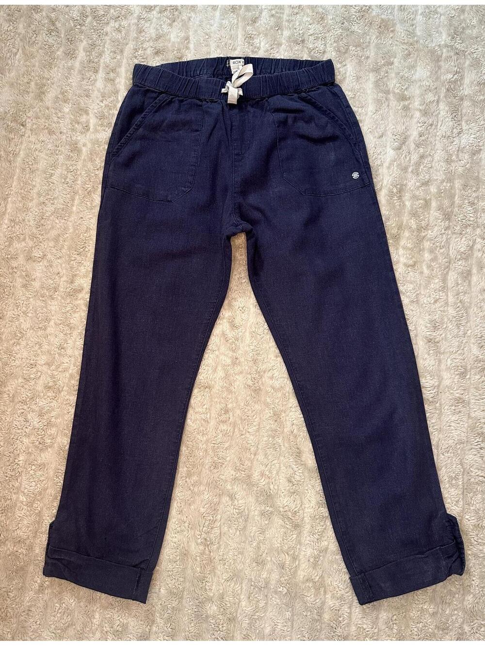 Roxy coastal washed navy linen-blend lightweight drawstring capri pants Size XS
